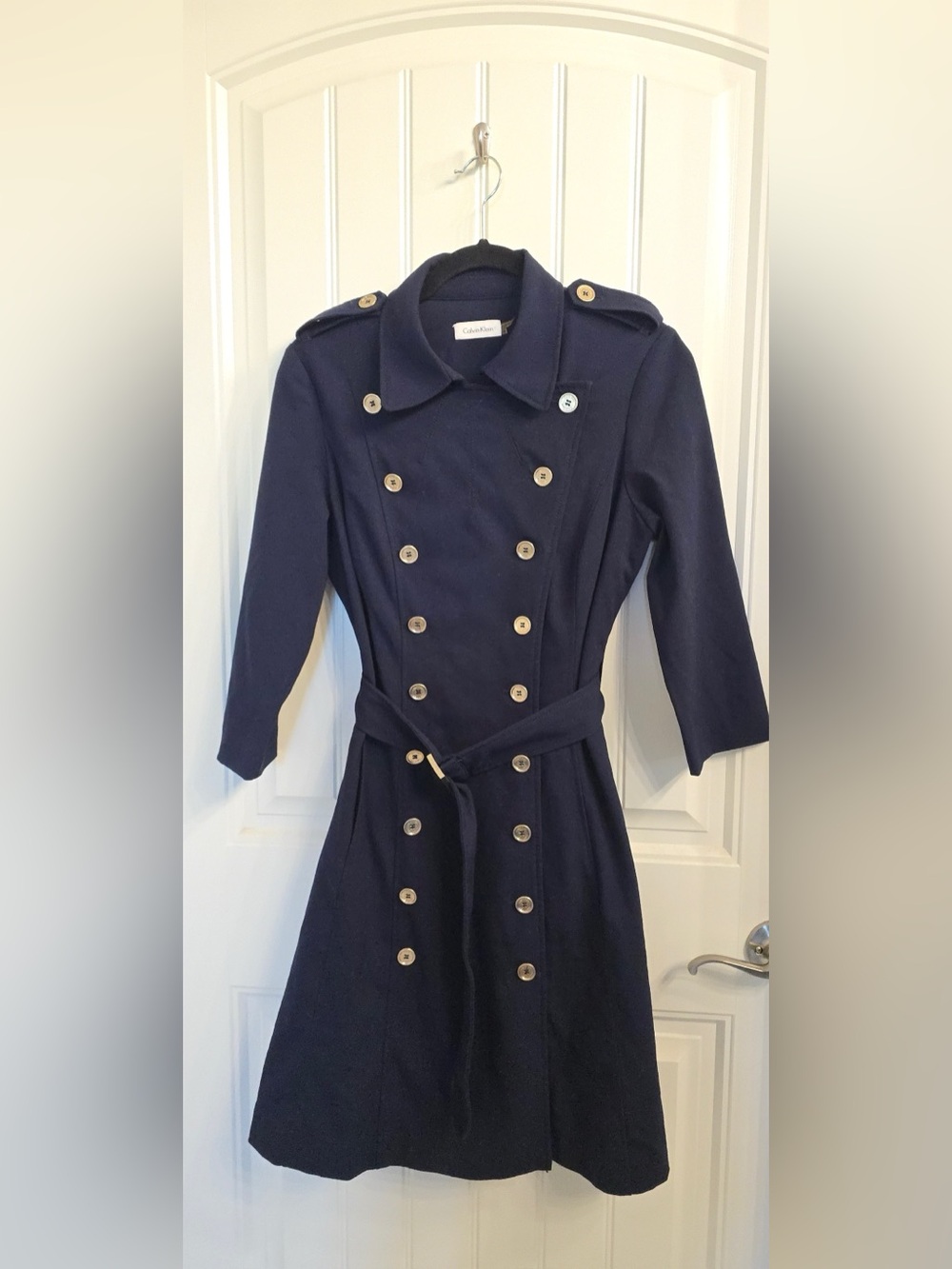 Calvin Klein Navy Double-Breasted Belted Long Sleeve Trench Dress
